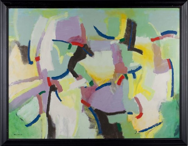 Philip Moose (NC, 1921-2001), "Abstract Green": Philip Moose (NC, 1921-2001), "Abstract Green" oil on board, signed at lower left "Philip Moose," abstracted composition of a man in top hat conversing with a lady, in a contemporary black frame. SS 3