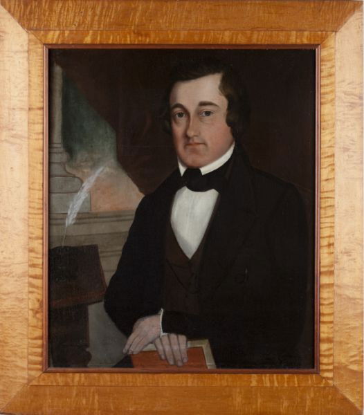 American School, Portrait of a Gentleman: American School, Portrait of a Gentleman oil on canvas (lined), circa 1850, unsigned, rendered in a somewhat naive style in the manner of Ammi Philips, presented on a modern stretcher within a period
