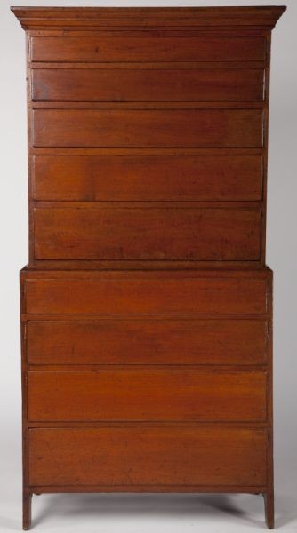 New England Puritan Chest on Chest: New England Puritan Chest on Chest late 18th century, walnut with pine secondary, simple but well-constructed two-part chest of drawers having a molded cornice over five graduated lipped drawers, the 