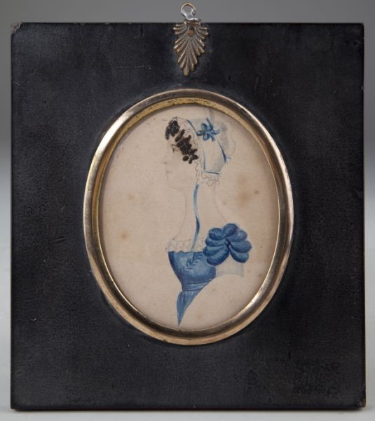 Folk Art Watercolor Miniature Portrait: Folk Art Watercolor Miniature Portrait of a "Lady in Blue," possibly American, circa 1820, the subject wearing a high-waisted Empire dress and matching bonnet. Presented in its original papier mache a
