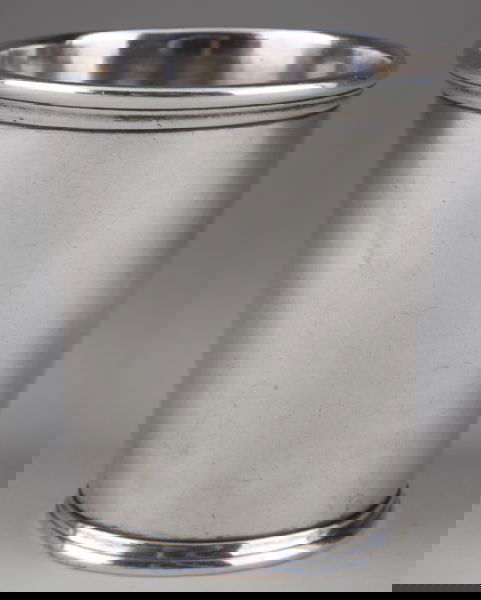 Coin Silver Mint Julep Cup, Kentucky: Coin Silver Mint Julep Cup, Kentucky with an incuse mark for John B. Akin of Danville, KY (working circa 1855-1860; likely the retailer) and "Standard," tapered conical form with banding at foot and m