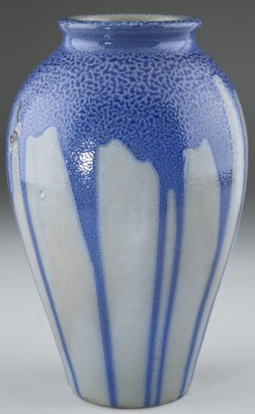 Auman Pottery - Charles B.Masten Glazed Vase: Auman Pottery - Charles B.Masten Glazed Vase circa 1928-1930, salt-glazed stoneware with controlled cobalt drip on tapered vase with rolled rim, unsigned. Excellent example of the collaborative work o