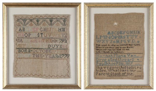 Two Poughkeepsie, NY Samplers: Two Poughkeepsie, NY Samplers each silk worked on linen, the first worked by "Hanna Maria Van / Dyne age 15 years / Poughkeepsie 1819, with alphabet and verse, (SS 10.25 x 9 in.; DOA 14 x 13 in.); the