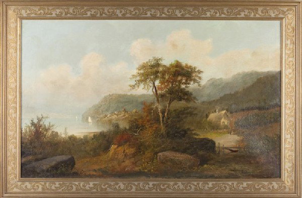 Continental School Landscape, 19th century: Continental School Landscape, 19th century oil on canvas, signed at lower right "Hischen," housed in an attactive gilt wood frame with scroll motif. SS 21.5 x 35.5 in.; DOA 27 x 41 in.