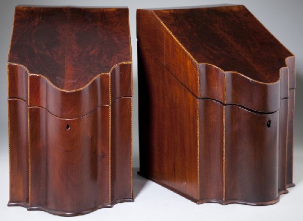 Pair of Georgian Knife Boxes, 19th century: Pair of Georgian Knife Boxes, 19th century mahogany veneer with lightwood barber pole inlay, serpentine case. 15 x 9.25 x 12.75 in. Estate Collection of the late Mr. and Mrs. Henry Lockhart, Jr. of Ne