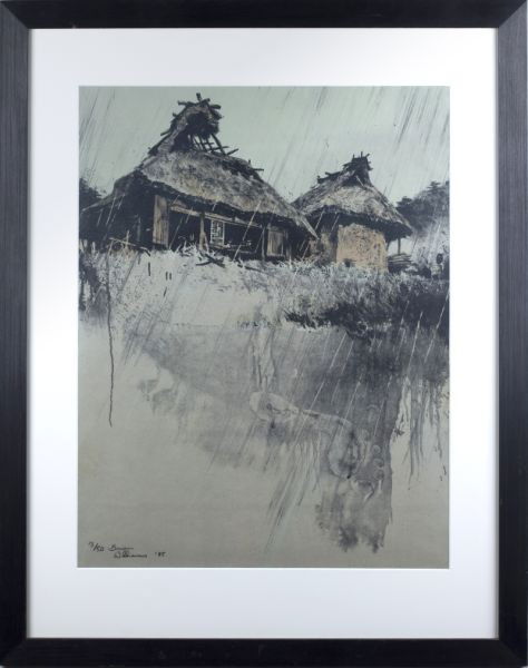 Brian Williams (Am., b. 1950), "Evening Rain": Brian Williams (Am., b. 1950), "Evening Rain" lithograph in colors, signed at lower left "13/50 Brian Williams '85," matted and framed under glass. SS 32 x 24 in.; DOA 44.5 x 34.5 in. Gallery B.O.Q, T