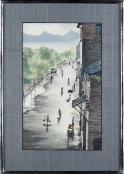 Sarah Brayer (Am., b. 1957), Japanese Street Scene: Sarah Brayer (Am., b. 1957), Japanese Street Scene watercolor on paper, signed and dated at lower left "Sarah Brayer '84," matted and framed under glass. SS 15.25 x 9.5 in.; DOA 21 x 15 in.