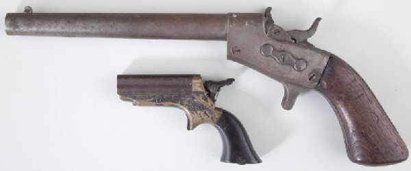 Sharps-Style Pepperbox and Remington Pistol: Sharps-Style Pepperbox and Remington Pistol the pepperbox derringer resembles the 1859 Sharps yet is unmarked, serial # 2451 on butt strap, brass frame, walnut grips, 2.5 in. four-barrel cluster, .22 