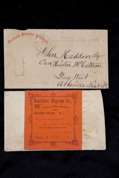 Two Southern Express Company Covers: Two Southern Express Company Covers as follows: 1) Orange imprint, Columbia, SC cds having an indistinct year impression, to Due West, SC and possibly war date, stains, missing back flap. 2) A pre-pai