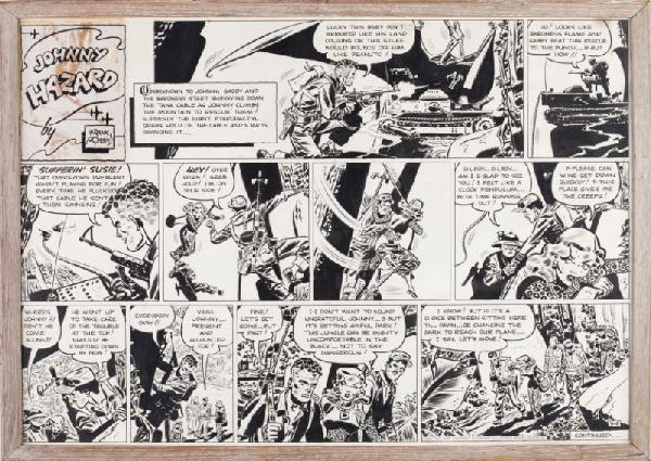 "Johnny Hazard" Original Cartoon by Frank Robbins: "Johnny Hazard" Original Cartoon by Frank Robbins (American 1917-1994), done in pencil and black ink heroically depicts Johnny rescuing a a safari group from the grips of a giant pterodactyl, ending a