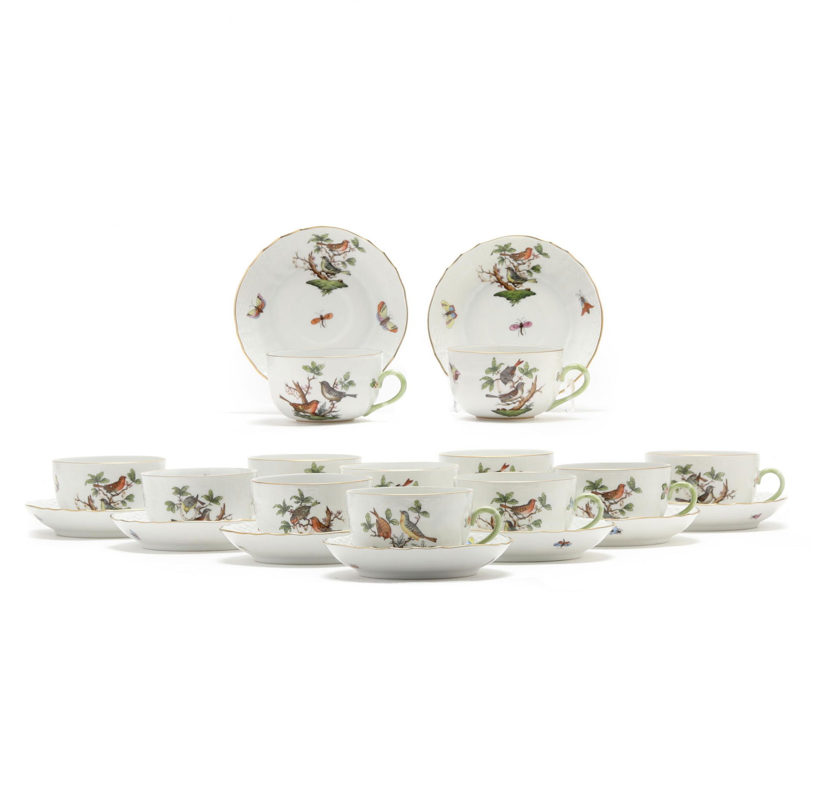 Twelve Herend Porcelain Cup and Saucer Sets Rothschild: Twelve Herend Porcelain Cup and Saucer Sets Rothschild Birdhand painted with scalloped and gilt rims, cup #1726 (2 1/8 in.) and saucer #1726 (5 3/8 in.), marked. A pattern rich in history dating back