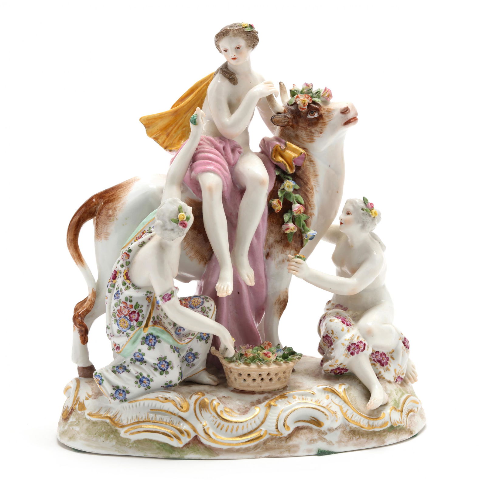KPM Porcelain Composition of Europa and the Bull: KPM Porcelain Composition of Europa and the Bullearly 19th century scepter mark, depiction of Europa sitting on a bull, who is Zeus transformed, flanked by two other women adorned by flowers, scrolled