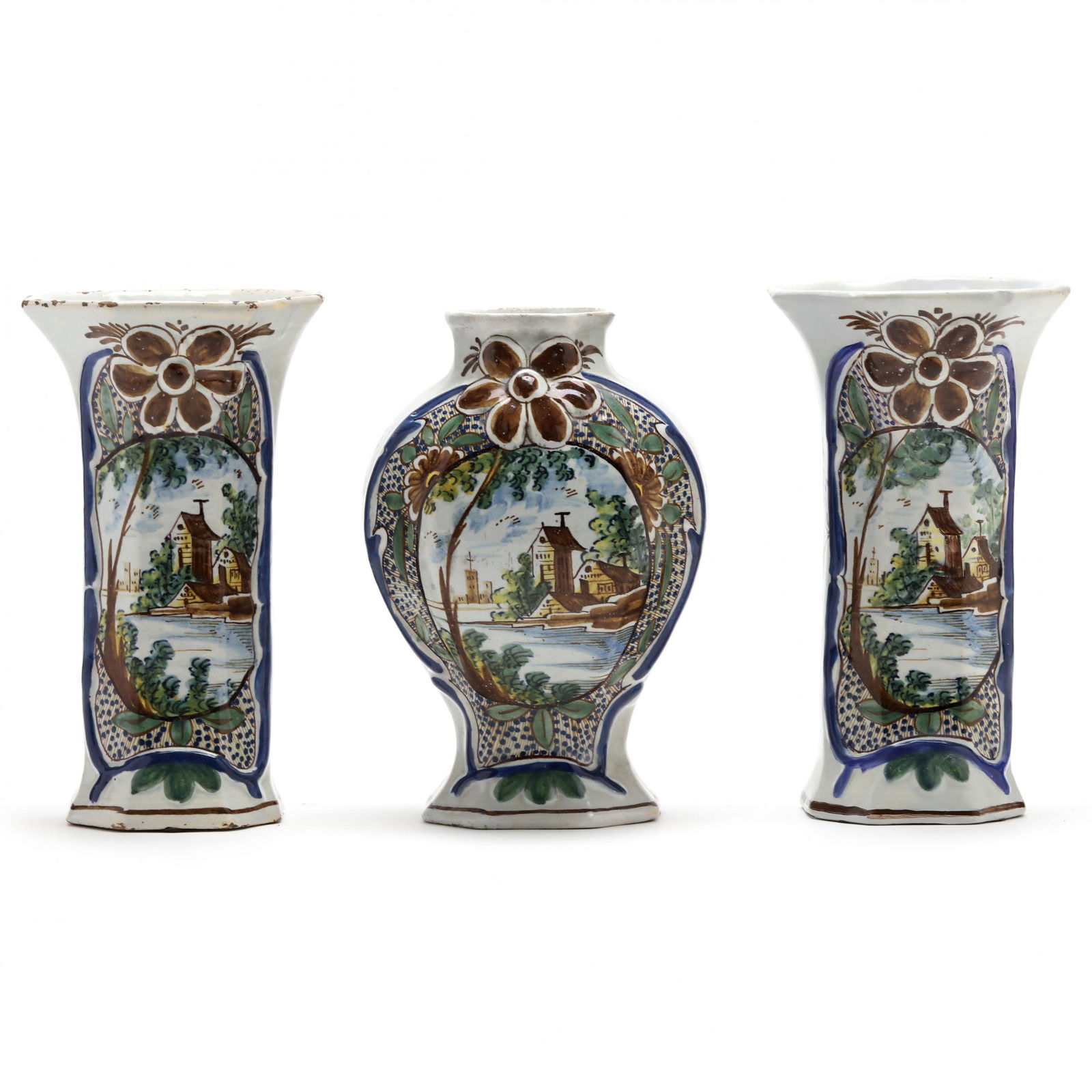 A Dutch Delft Polychrome Mantel Garniture Set (1 of 10)