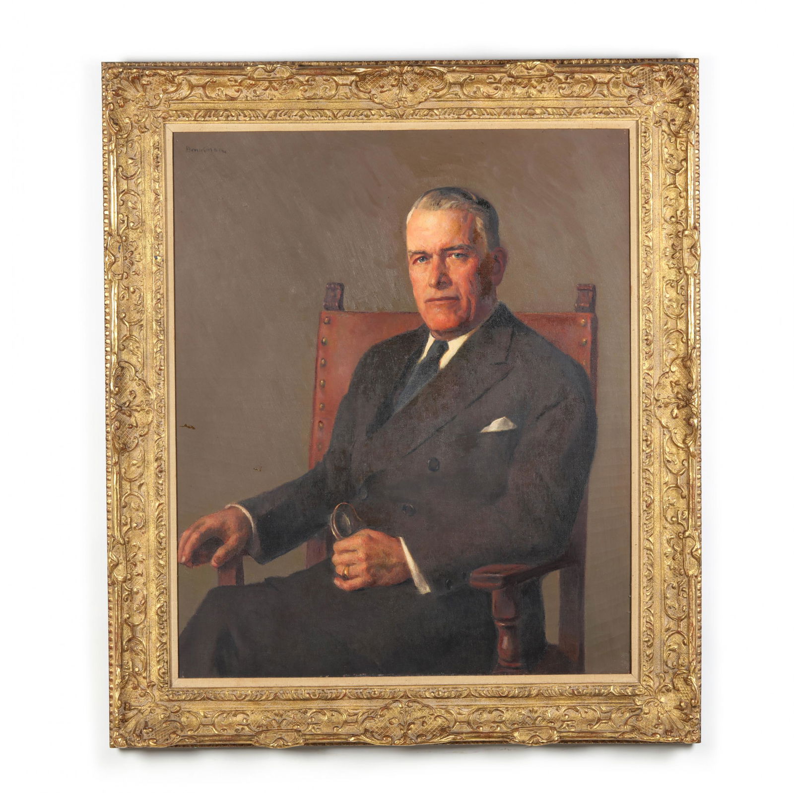 Robert Brackman (American, 1898-1980), Portrait of Roy: Robert Brackman (American, 1898-1980), Portrait of Roy Worsham Moore Sr.oil on canvas, signed at upper left, inscribed and dated 1951 to verso, presented in a very fine period frame. Stretcher size 36