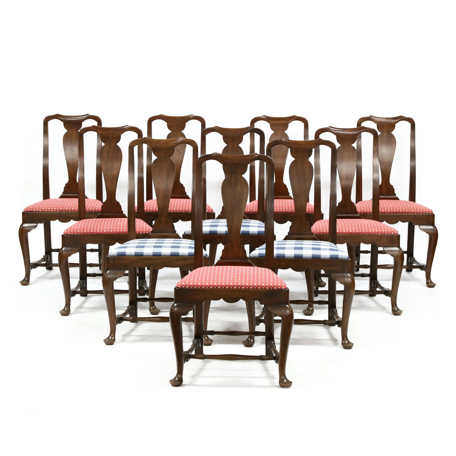 Kittinger, Set of Ten Queen Anne Style Mahogany Dining: Kittinger, Set of Ten Queen Anne Style Mahogany Dining Chairslate 20th century, shaped crest rail, vasiform back splat, varying upholstered slip seats, scalloped seat rail, front cabriole legs with tu