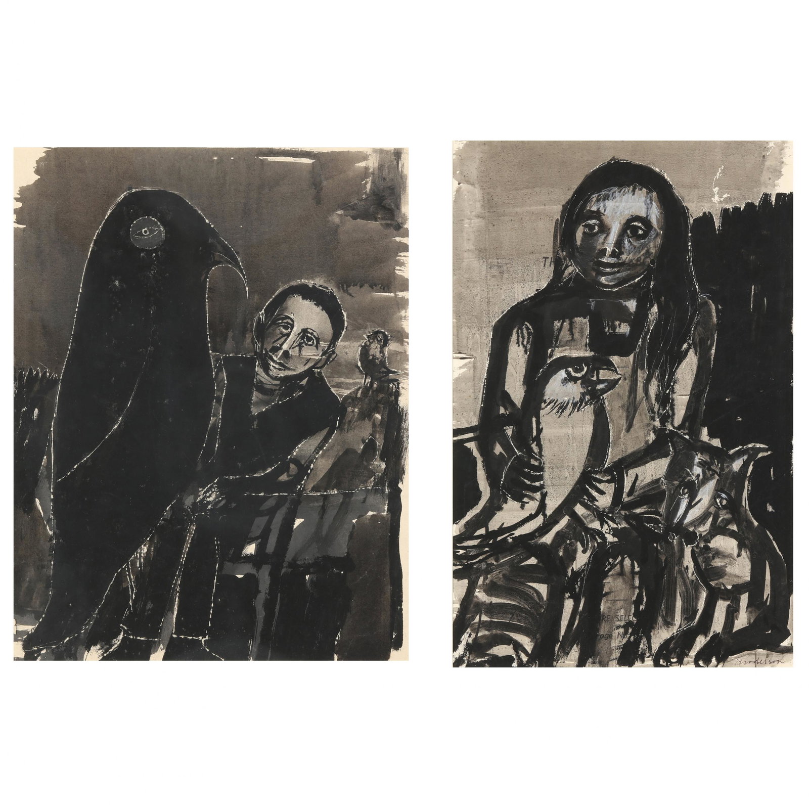 Robert Broderson (NC, 1920-1992), Two Figural Works: Robert Broderson (NC, 1920-1992), Two Figural Worksink on paper, one signed at lower right (frame dimensions 27 x 19 3/4 in.);, the second with no apparent signature (frame dimensions 29 1/4 x 23 in.)