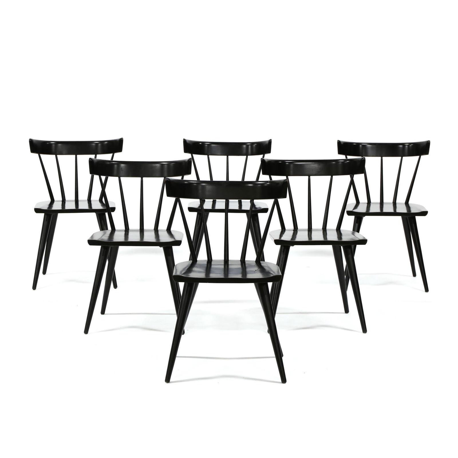 Paul McCobb (American, 1917-1969), Set of Six Ebonized: Paul McCobb (American, 1917-1969), Set of Six Ebonized Dining Chairs1950s, for Planner Group, ebonized maple, curved crest rail, spindle back, plank seat with through tenon turned tapered splayed legs