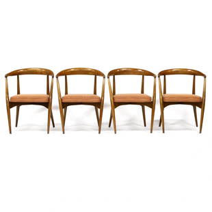 Lawrence Peabody (American, b.1924), Set of Four Walnut: Lawrence Peabody (American, b.1924), Set of Four Walnut Armchairsfor Richardson Nemschoff, 1960s, curved back, organic shaped arms/legs, orange upholstered seats, unmarked. 29.5 x 23.5 x 19 in., seat