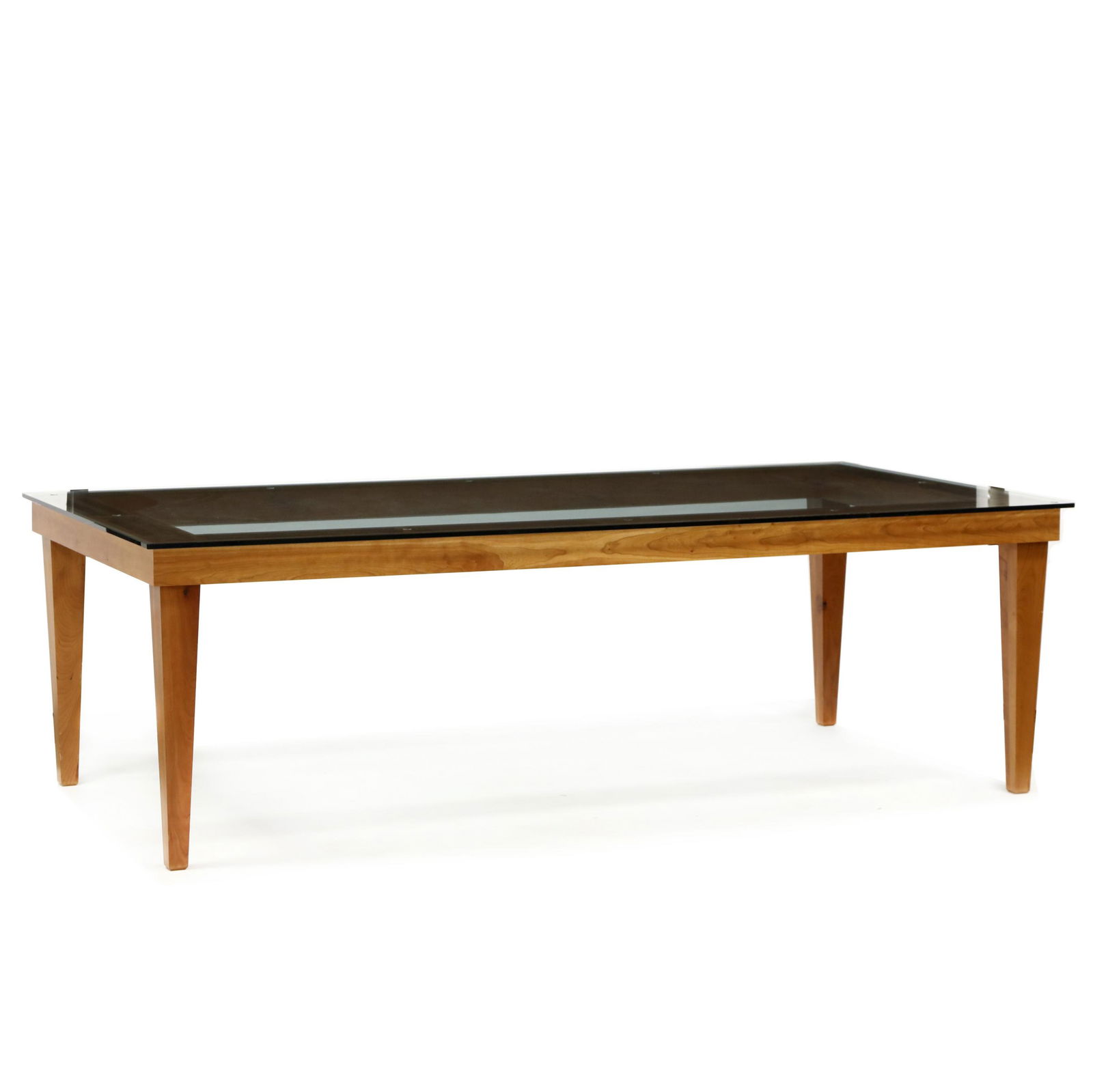Eidolon Designs, Custom Cherry Dining Table: Eidolon Designs, Custom Cherry Dining Tabledesigned by Ann Cowperthwaite in 2008, half inch thick rectangular glass top, through tenon open frame with four straight legs, appears unmarked. 30 x 48 x 9