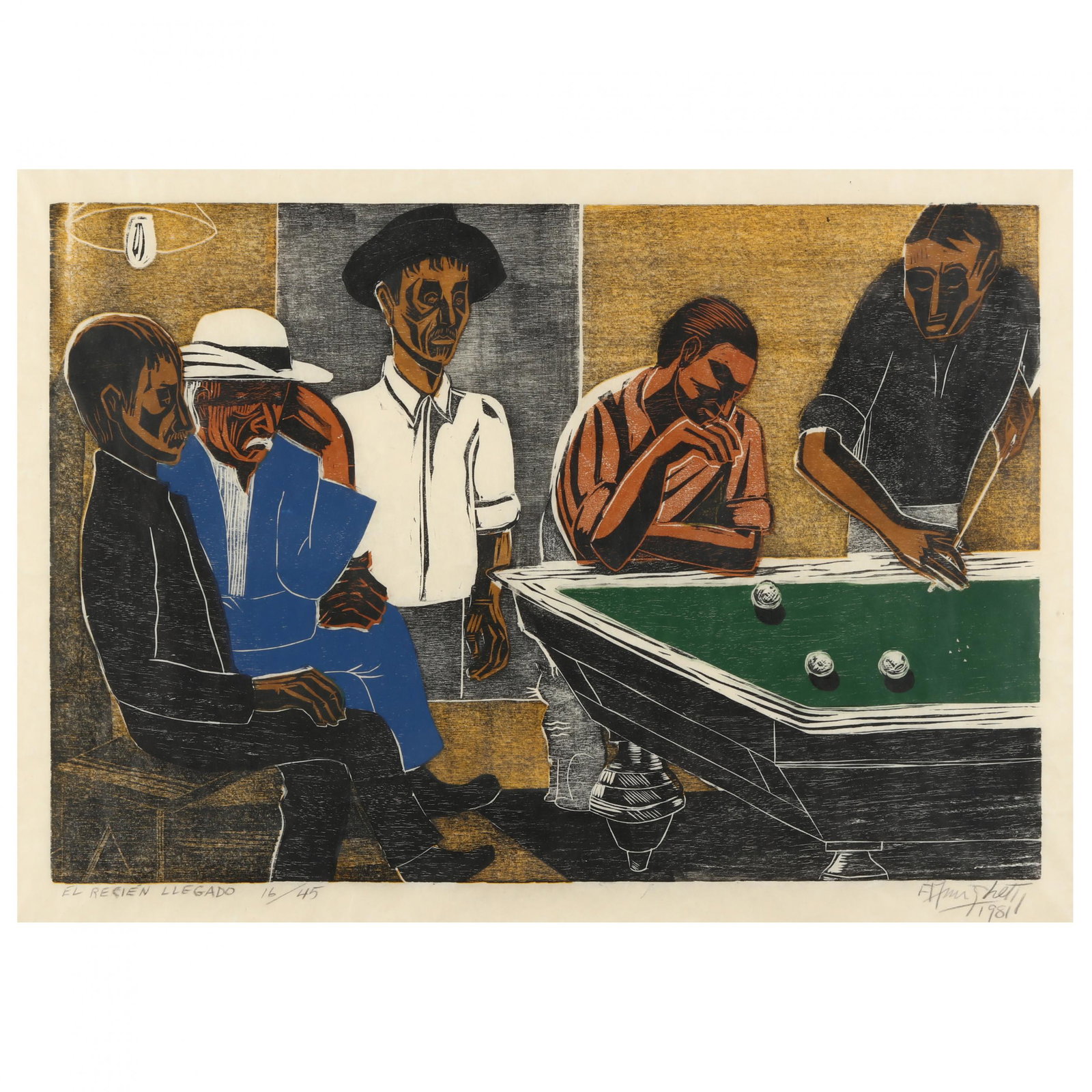 Francisco Amighetti (Costa Rican, 1907-1998), El: Francisco Amighetti (Costa Rican, 1907-1998), El ReciÃ©n Llegadowoodcut print in colors, 1981, pencil signed, dated, titled, and numbered 16/45, accompanied by artist-signed booklet, matted and fram