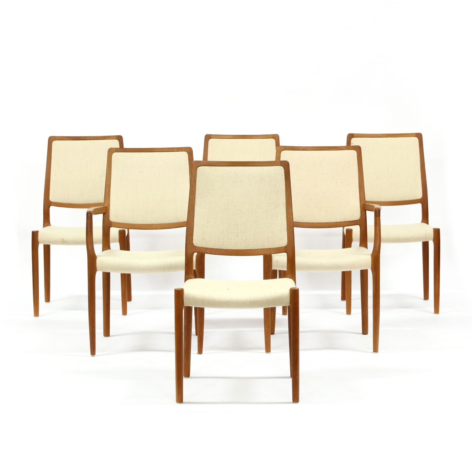 J.L. Moller, Set of Six Teak Dining Chairs: J.L. MÃ¸ller, Set of Six Teak Dining Chairslate 20th century, including two armchairs and four side chairs with wool upholstery, rounded legs, labeled. Armchair 37.5 x 23 x 18 in., seat height 18 in