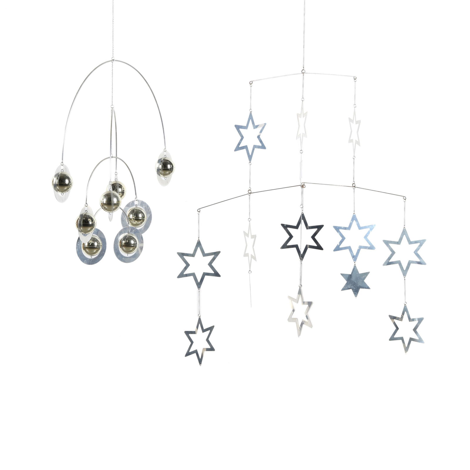 Two Finnish Chrome Mobiles by AARIKKA: Two Finnish Chrome Mobiles by AARIKKA 2nd half of 20th century, white metal, elements suspended by am and thin chain, the first in sphere and orbit ring design, on curving arms, marked "Finland / AARI