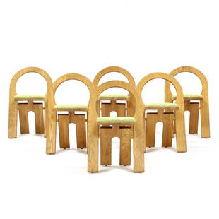 Roger Tallon (French, 1929-2011), Six Rare Folding: Roger Tallon (French, 1929-2011), Six Rare Folding Chairs1980s, laminated oak, woven yellow upholstered seats, folds flat, unmarked. 31.5 x 19.5 x 18 in. Roger Tallon is one of France’s most im