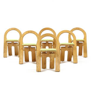 Roger Tallon (French, 1929-2011), Six Rare Folding: Roger Tallon (French, 1929-2011), Six Rare Folding Chairs1980s, laminated oak, woven yellow upholstered seats, folds flat, unmarked. 31.5 x 19.5 x 18 in. Roger Tallon is one of Franceâ€™s most im