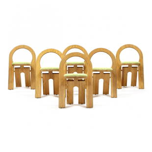Roger Tallon (French, 1929-2011), Seven Rare Folding: Roger Tallon (French, 1929-2011), Seven Rare Folding Chairs1980s, laminated oak, woven yellow upholstered seats, folds flat, unmarked. 31.5 x 19.5 x 18 in. Roger Tallon is one of France’s most