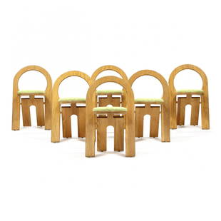 Roger Tallon (French, 1929-2011), Seven Rare Folding: Roger Tallon (French, 1929-2011), Seven Rare Folding Chairs1980s, laminated oak, woven yellow upholstered seats, folds flat, unmarked. 31.5 x 19.5 x 18 in. Roger Tallon is one of Franceâ€™s most