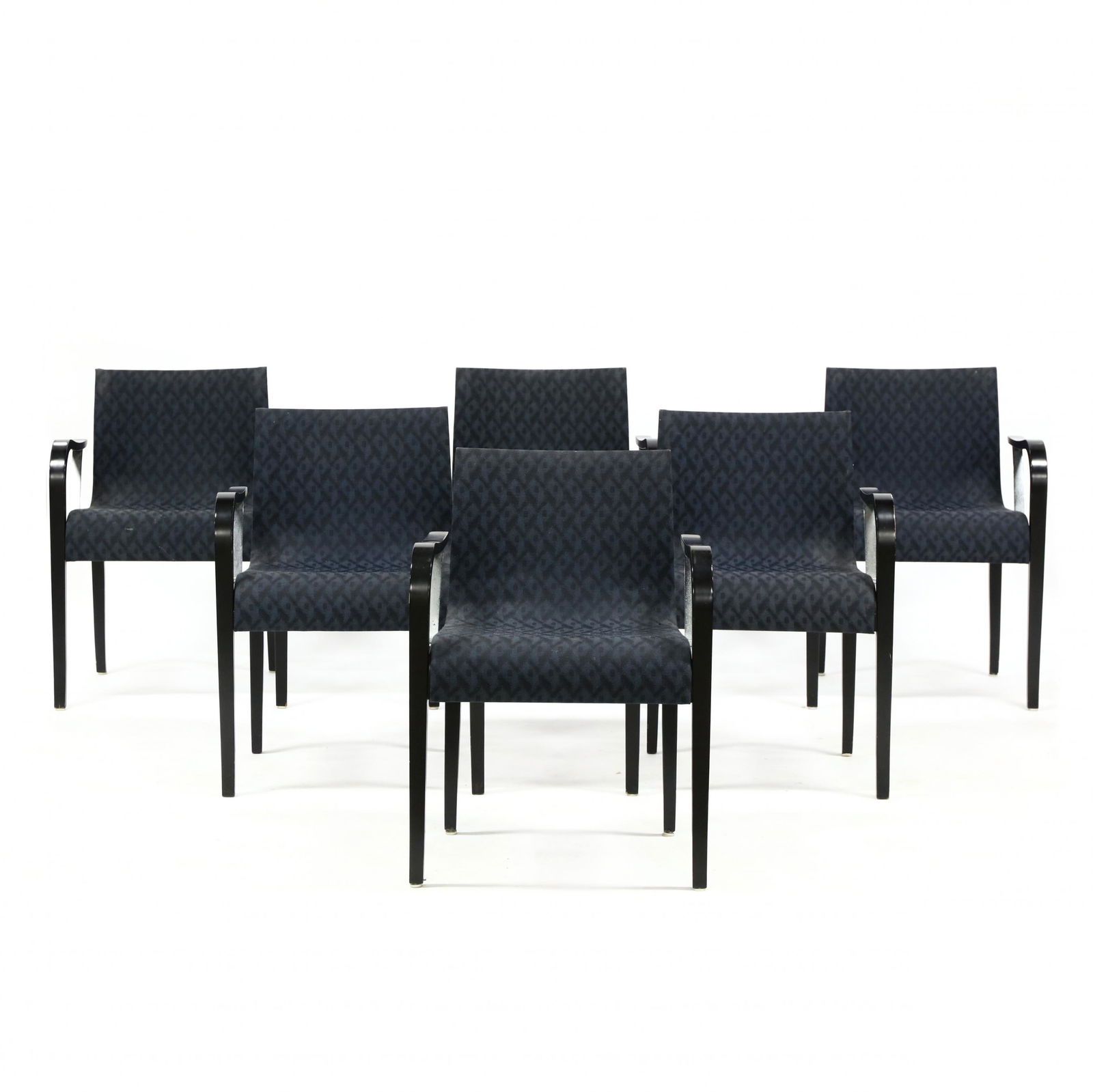 Enrico Franzolini (Italy, b. 1952), Set of Six: Enrico Franzolini (Italy, b. 1952), Set of Six Franzolini ChairsKnoll, circa 1980, molded wood seat with Knoll fabric and black lacquer, bentwood arms with chrome supports, unmarked. 30.5 x 22 x 17 in