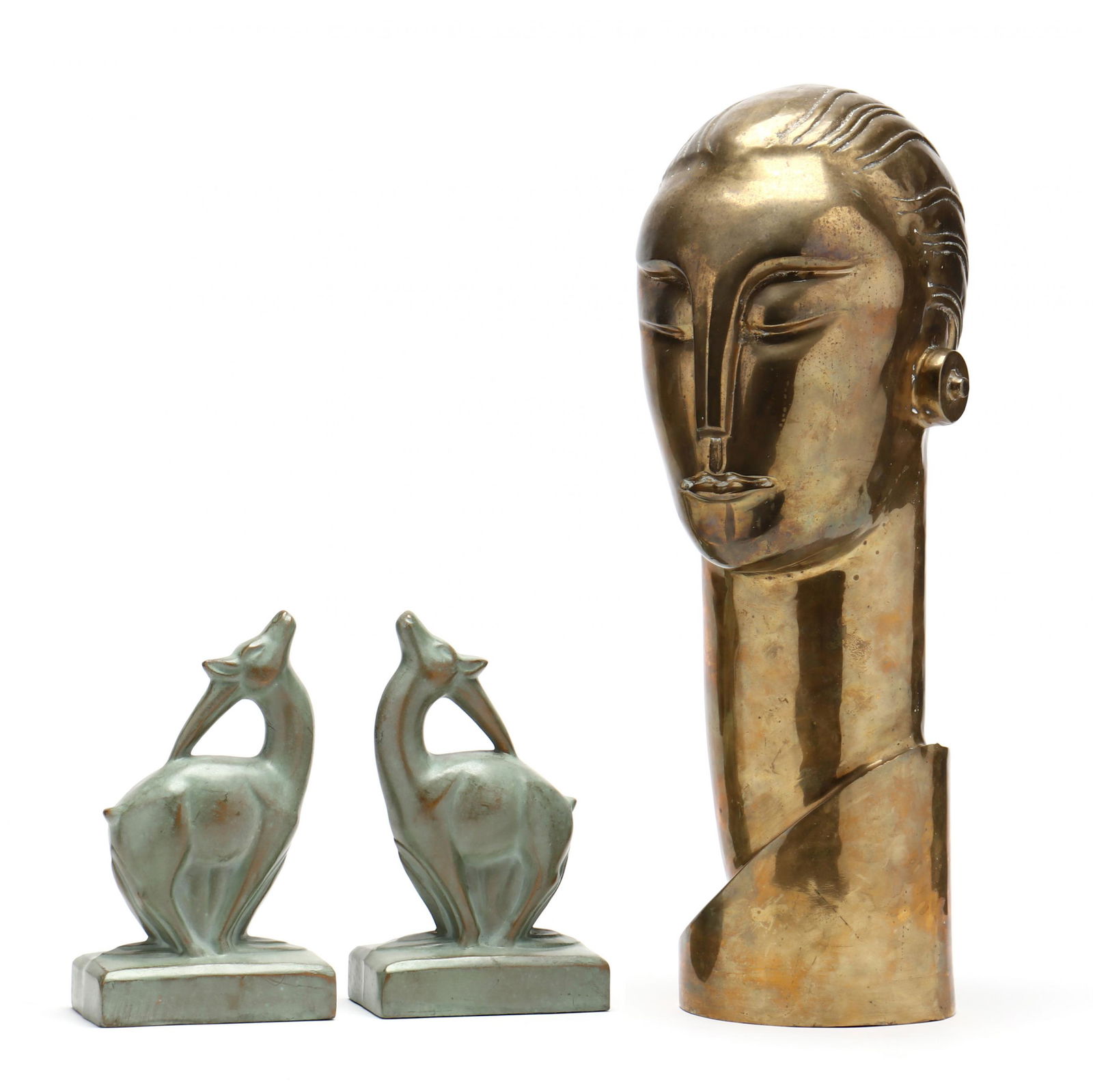 Art Deco Style Brass Bust and Pair of Bookends (1 of 8)