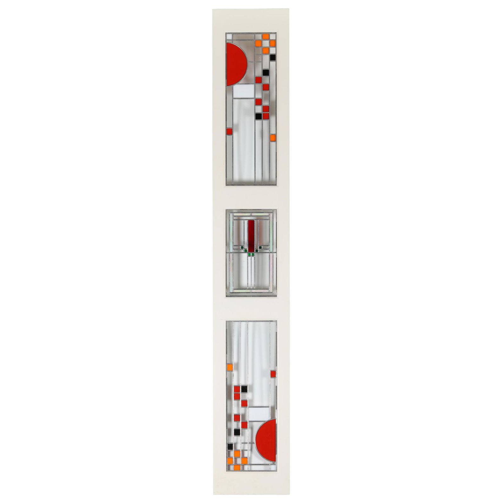 Frank Lloyd Wright Style Leaded Glass Panel: Frank Lloyd Wright Style Leaded Glass Panellate 20th century, three panels of multi colored leaded glass in a prairie style set in a white painted wood frame, unmarked. DOA 66.25 x 10 3/8 in. From the