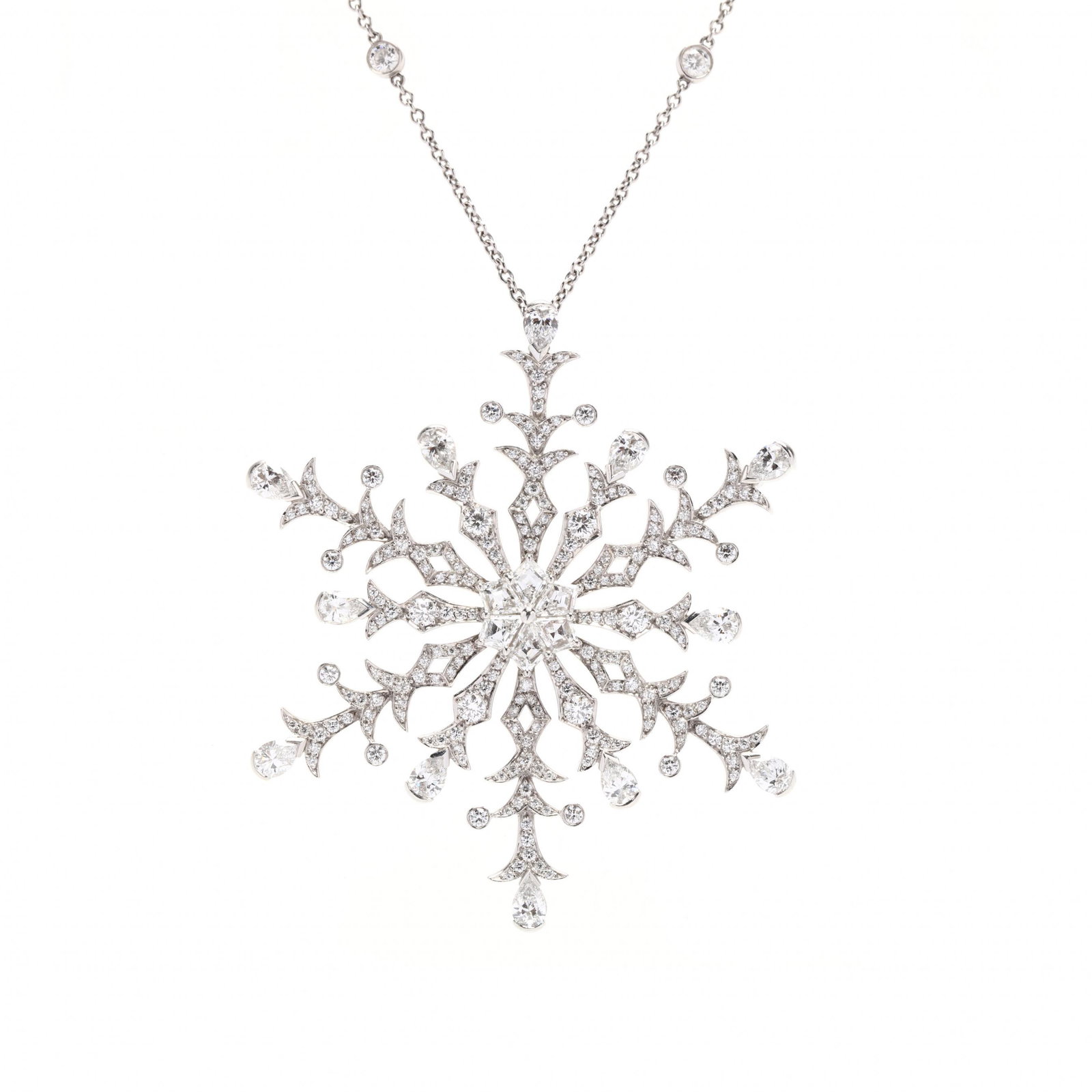 Large Platinum and Diamond Snowflake Pendant Necklace, (1 of 8)