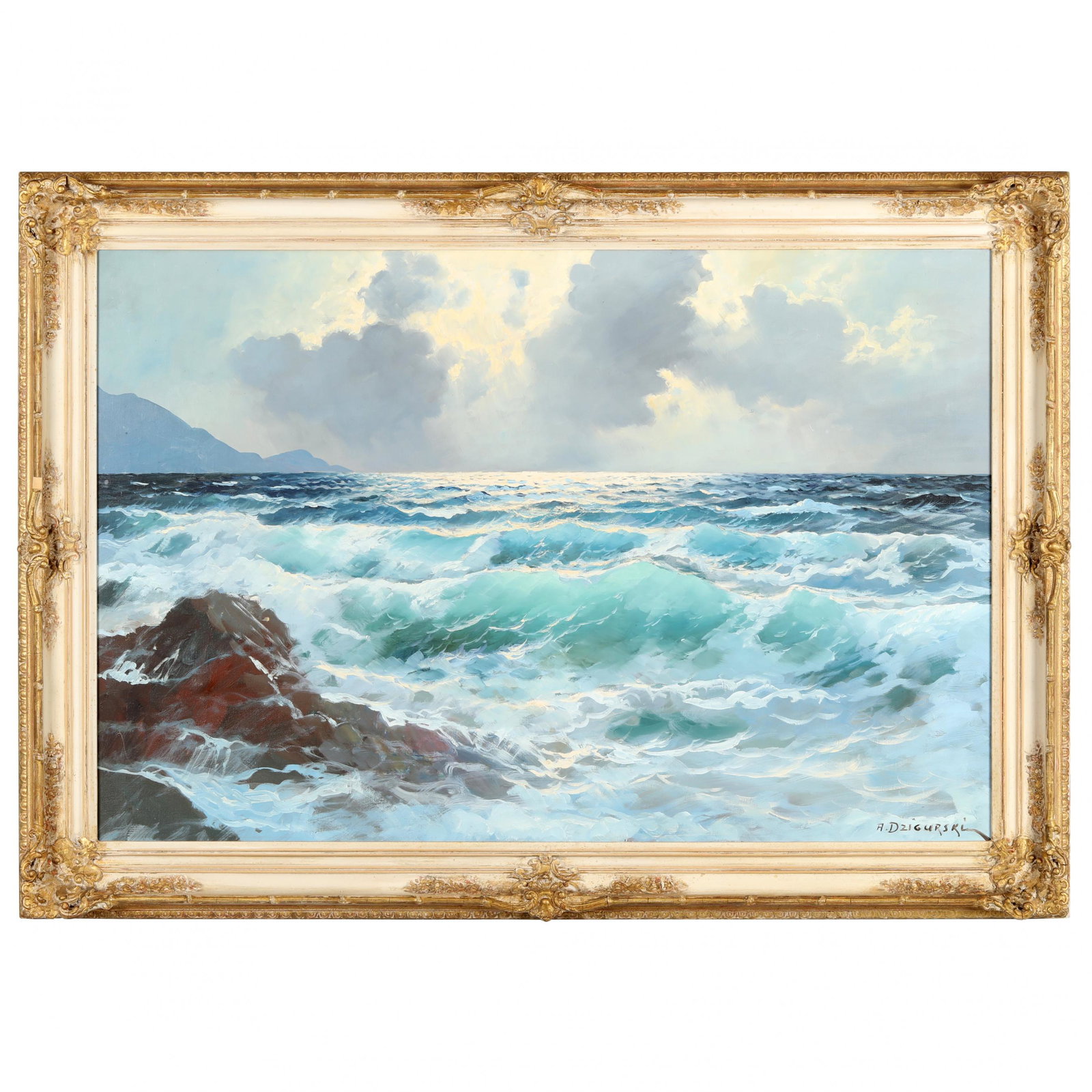 Alexander Dzigurski (American, 1911-1995), Seascape: Alexander Dzigurski (American, 1911-1995), Seascape with Crashing Surfoil on canvas, signed at lower right, with artist's copyright stamp to verso, presented in a period frame. Stretcher size 24 x 36