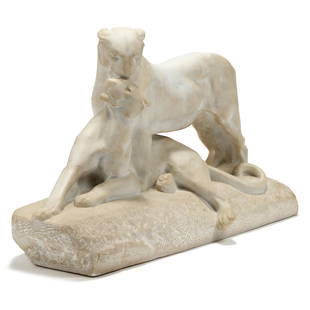 Maximilien Louis Fiot (French, 1886-1953), Panthers at: Maximilien Louis Fiot (French, 1886-1953), Panthers at Rest 20th century, carved white marble, incised "M. Foit" signature to base. 16 1/2 x 26 1/2 x 10 1/2 in. Born in Touraine (Le