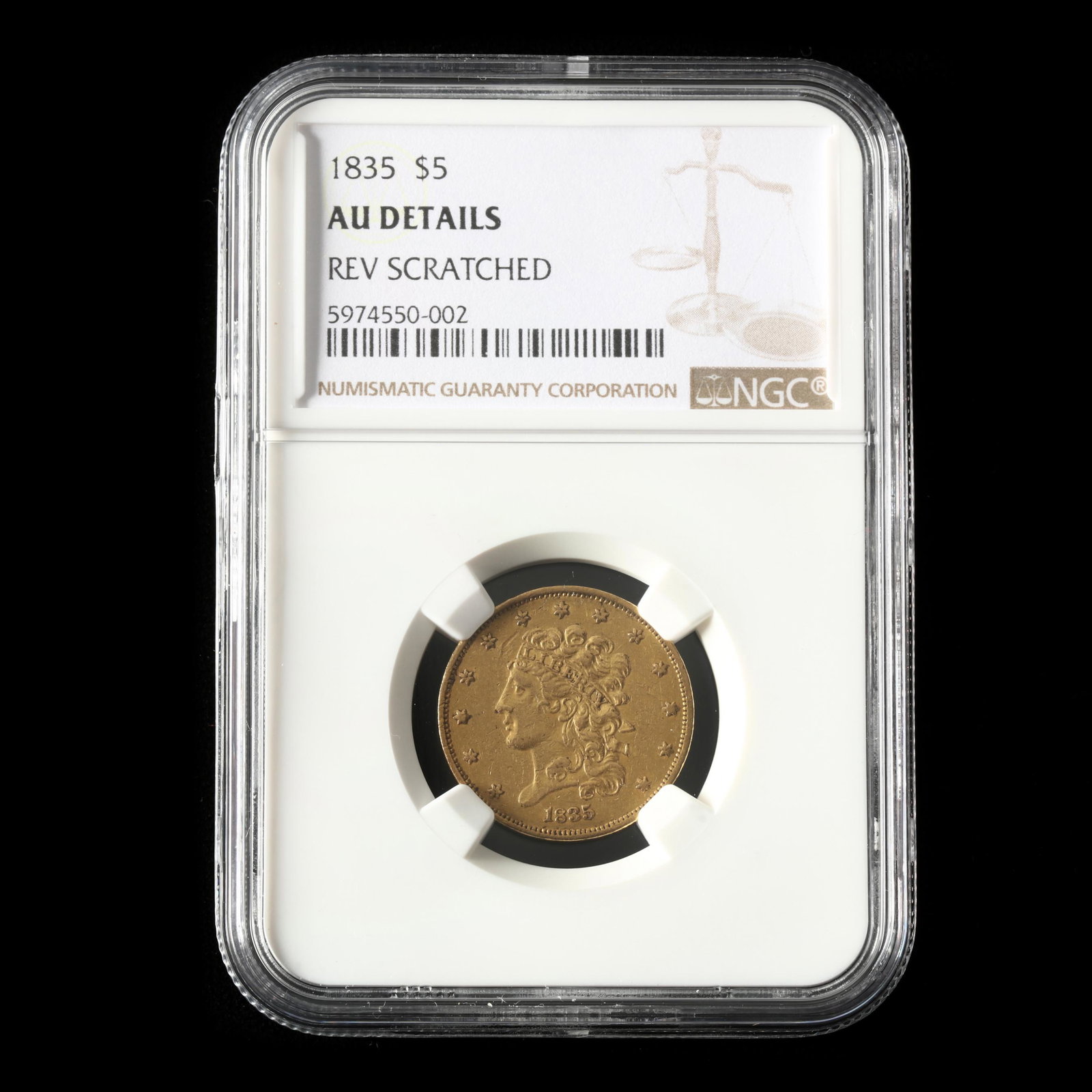 1835 $5 Gold Classic Head Half Eagle, NGC AU Details, (1 of 2)