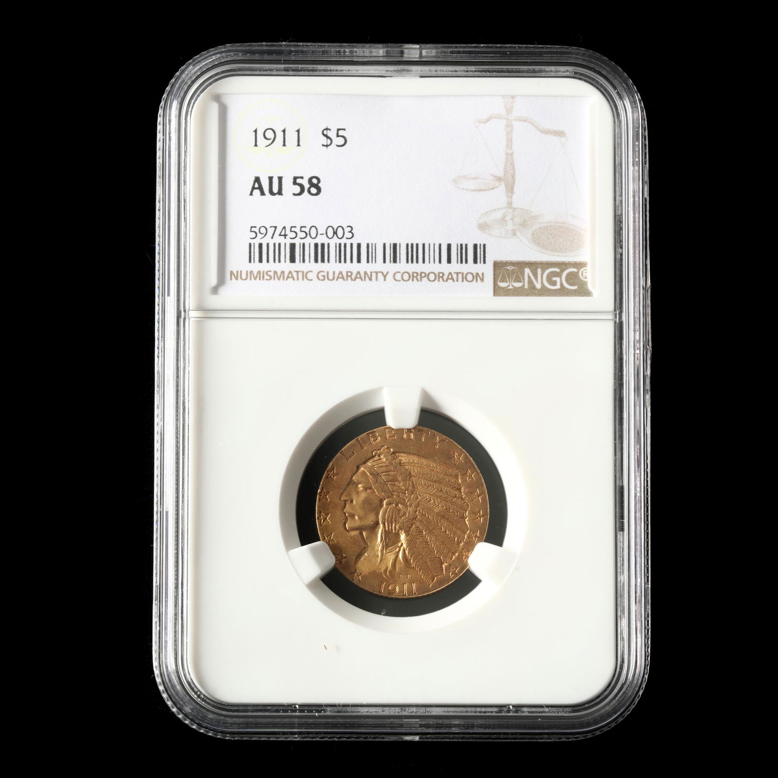 1911 $5 Gold Indian Head Half Eagle, NGC AU58 (1 of 2)