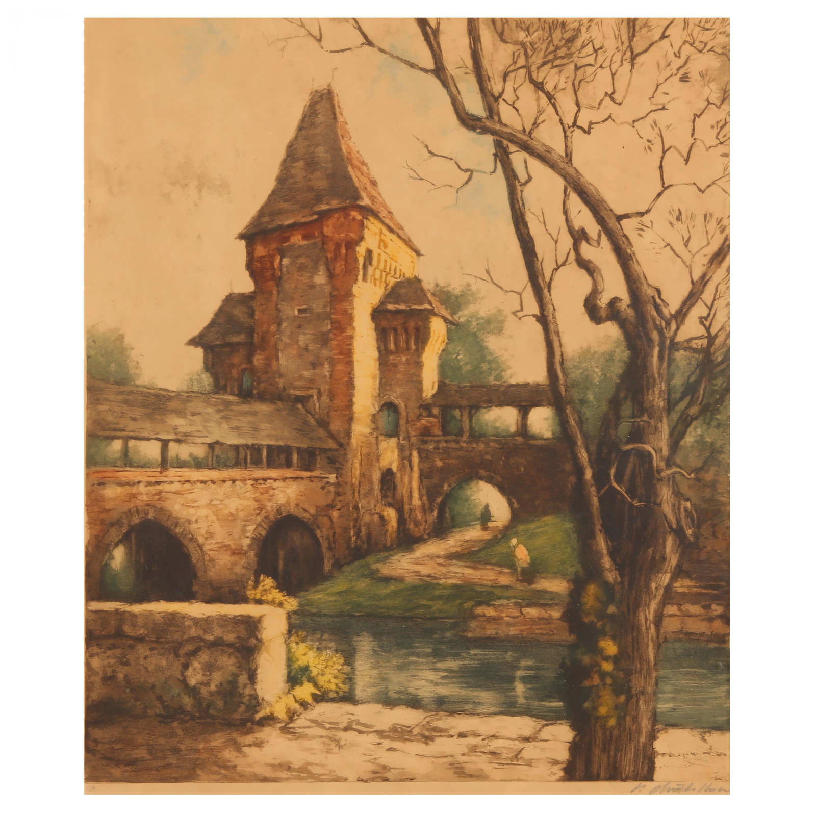 Antique Continental Etching of a Feudal Castle, (1 of 6)