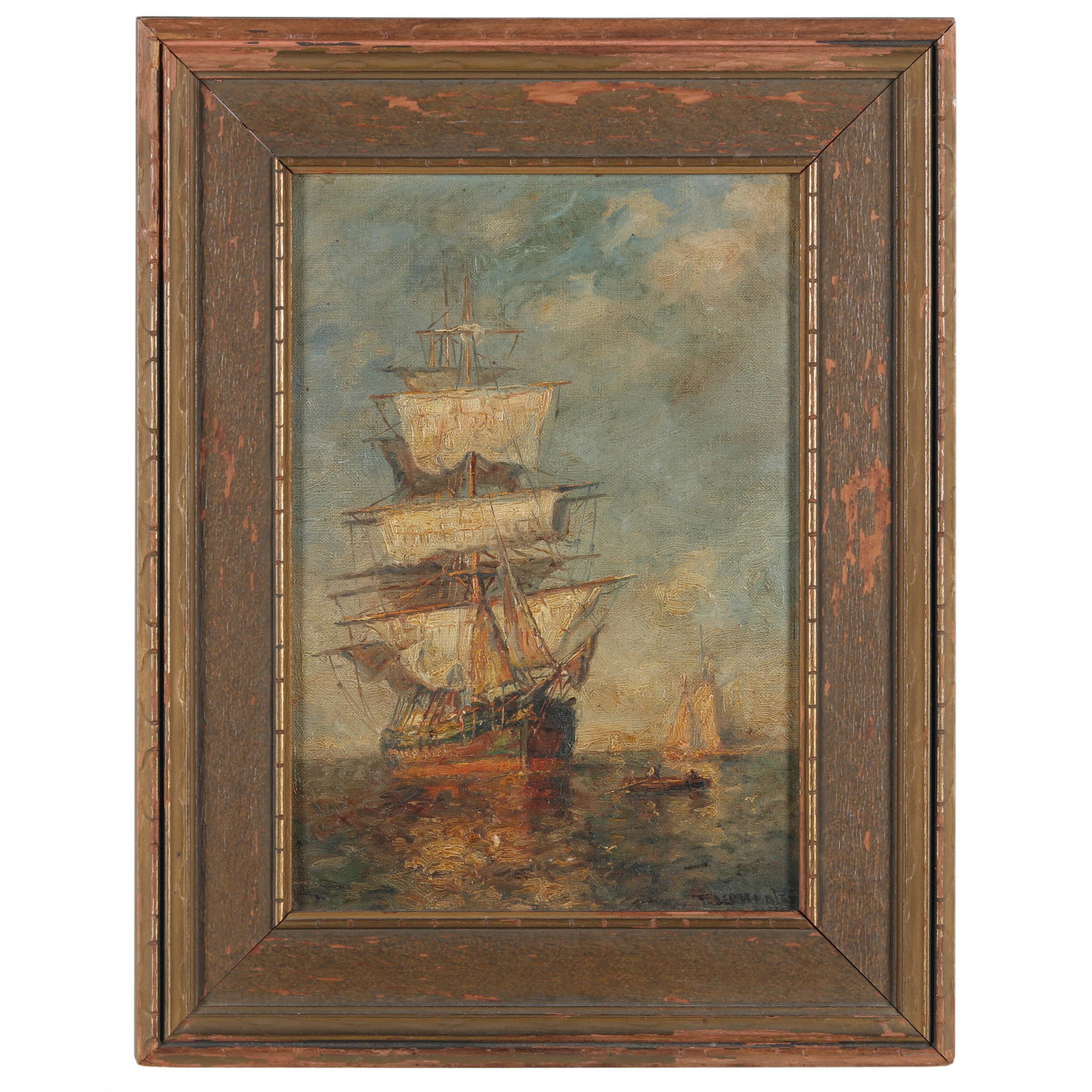 A Vintage Maritime Painting of a Ship in Full Sail: A Vintage Maritime Painting of a Ship in Full Sail oil on canvas board, illegibly signed at lower right, early 20th century, presented in a period frame. Frame dimensions 14 x 10 3/4 in. Private Colle