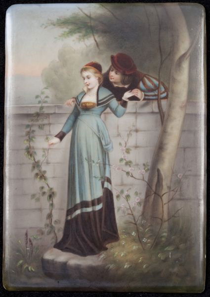 Continental Porcelain Plaque, circa 1900: Continental Porcelain Plaque, circa 1900 rectangular form, hand-painted scene featuring two lovers in Renaissance dress courting by a stone wall, unsigned, numbered "391" and "60613-2" in graphite on