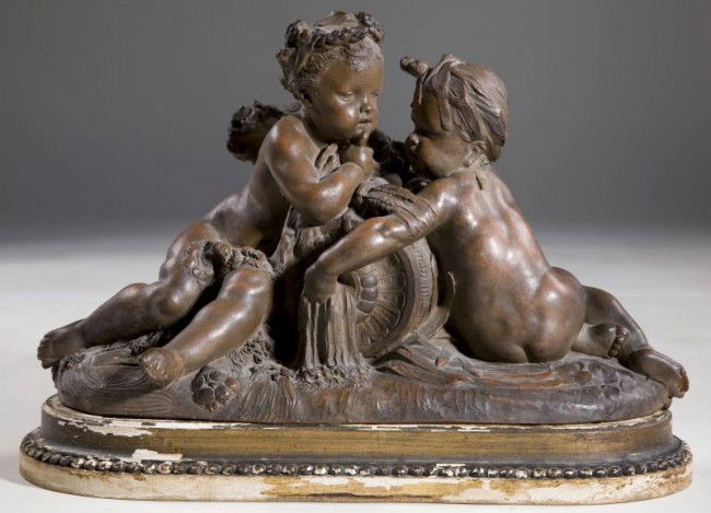 Albert-Ernest Carrier-Belleuse (Fr., 1824-1877): Albert-Ernest Carrier-Belleuse (Fr., 1824-1877) "La Source," patinated terracotta sculptural group, signed and dated "A. Carrier 1864," presented atop a gilt wood plinth with beaded decoration, the gr