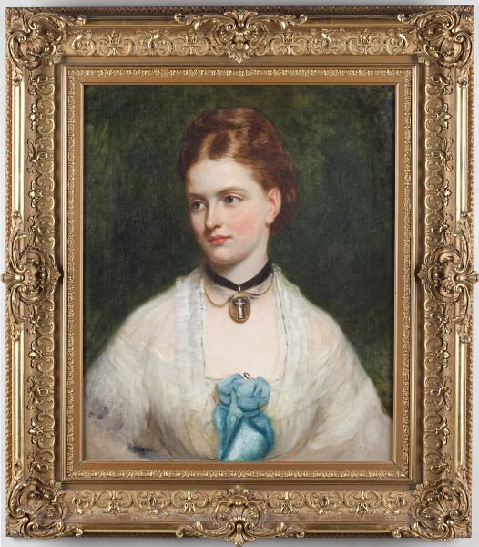 French School, Portrait of a Beauty, circa 1875: French School, Portrait of a Beauty, circa 1875 oil on canvas (lined), unsigned, the woman depicted three quarter length, she wears a gossamer gown with blue rosette at her bust, a black ribbon suspen