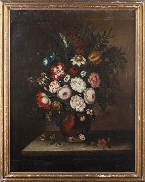 18th century Dutch School Floral Still Life: 18th century Dutch School Floral Still Life oil on canvas (lined), housed in a later gilt wood frame, classic exuberant still life with tulips, morning glories, hollyhocks, and roses in an earthenware