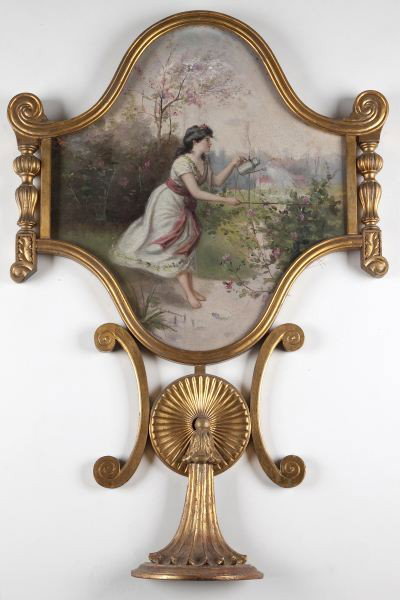 Continental School Panel Picture, circa 1900: Continental School Panel Picture, circa 1900 oil on canvas, signed "C. Missbach" at lower right, depicting a lovely young lady watering a garden of roses, housed in a shaped and scrolled gilt wood fra
