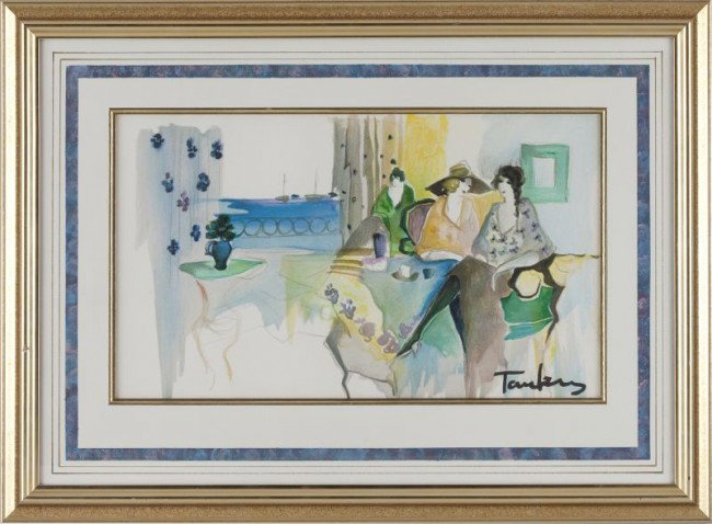 Itzchak Tarkay (b. 1935), Women in Cafe: Itzchak Tarkay (b. 1935), Women in Cafe signed at lower right "Tarkay," matted and framed under glass. SS 11.25 x 19.25 in.; DOA 21.5 x 28.5 in The Estate Collection of the late Iris Holt McEwen McCra