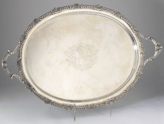 George IV Sterling Silver Tray with Armorial Crest: George IV Sterling Silver Tray with Armorial Crest London (1814) hallmarks, "WB" sponsor's mark (possibly for William Bayley or William Bennett), oval form with bold gadroon and shell decoration to ri
