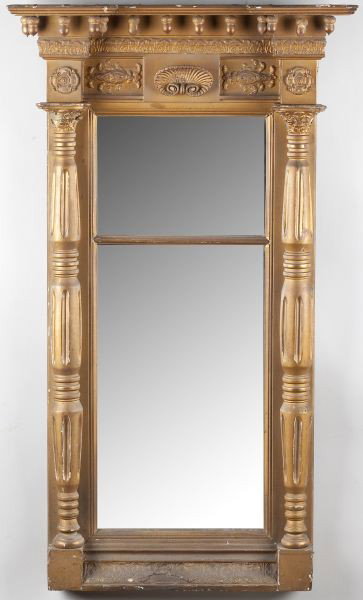 Federal Architectural Mirror Gilt Gesso Frame: Federal Architectural Mirror Gilt Gesso Frame having a molded cornice with projecting breaks at the corners over 13 acorn drops, the frieze panel is centered with a large applied shell flanked by rose