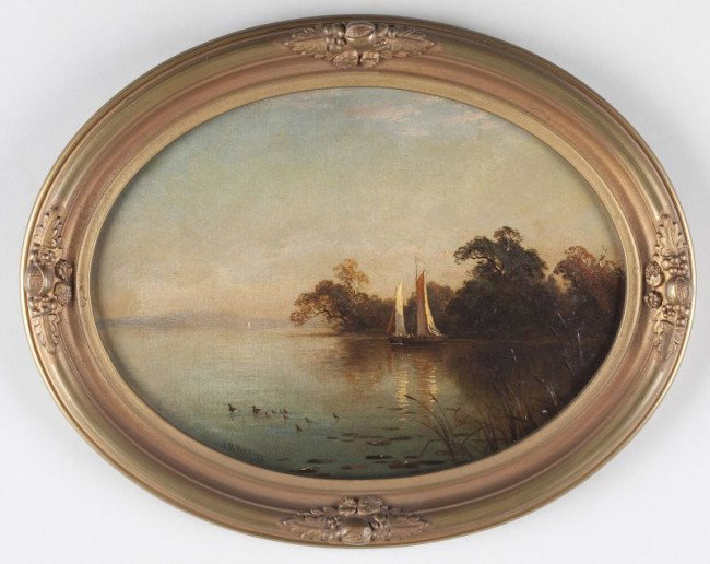 John Ross Key (MD / D.C., 1837-1920), Lake Scene: John Ross Key (MD / D.C., 1837-1920), Lake Scene oil on board, signed and dated at lower left "J. R. Key '71," oval form housed in a period (likely original) gilt wood frame with applied fruit form co
