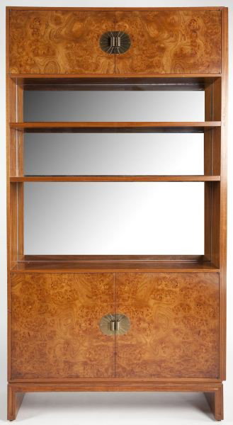 Tommi Parzinger Cabinet: Tommi Parzinger Cabinet custom designed by Tommi Parzinger in the early 1970's for the consignor. Consisting of a four door front with central inset mirror and two shelves all of burl-wood veneers. Th